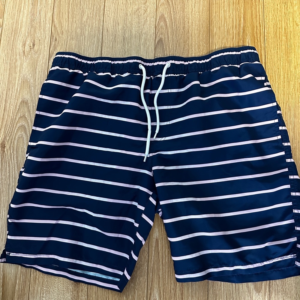 Forever 21 Men's Navy and White Striped Swim Trunks
